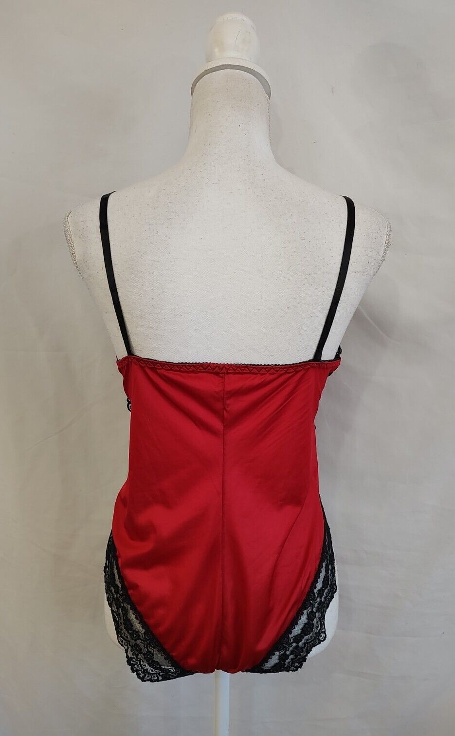 80&rsquo;s Vintage Teddy Romper Red Nylon & Black Lace Super High Cut Leg Sexy Sz S