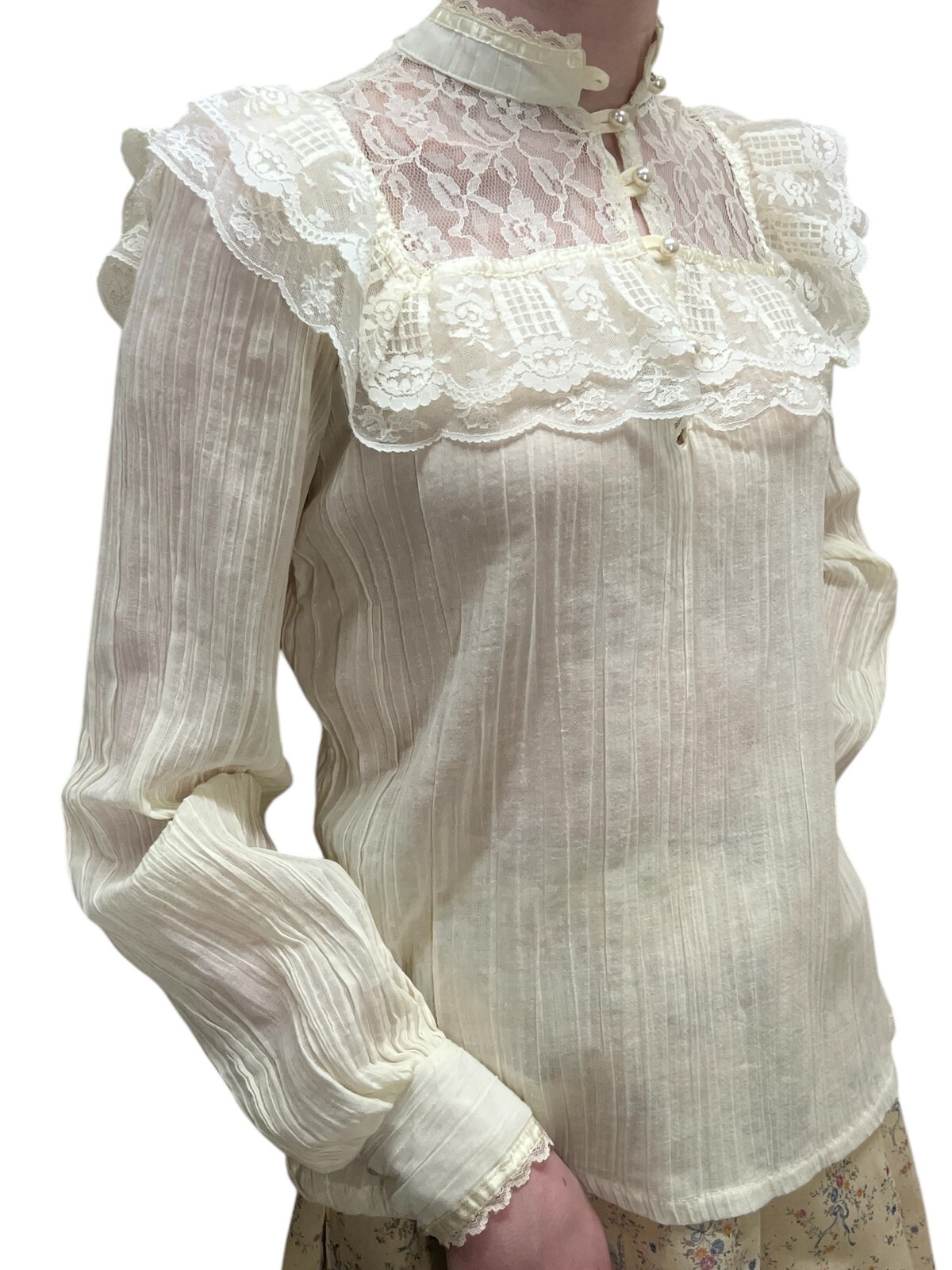 Vtg 70s Sz 7 XS~S Gunne Sax Shirt Blouse Cream Jessica&rsquo;s Gunnies Crinkle Voile