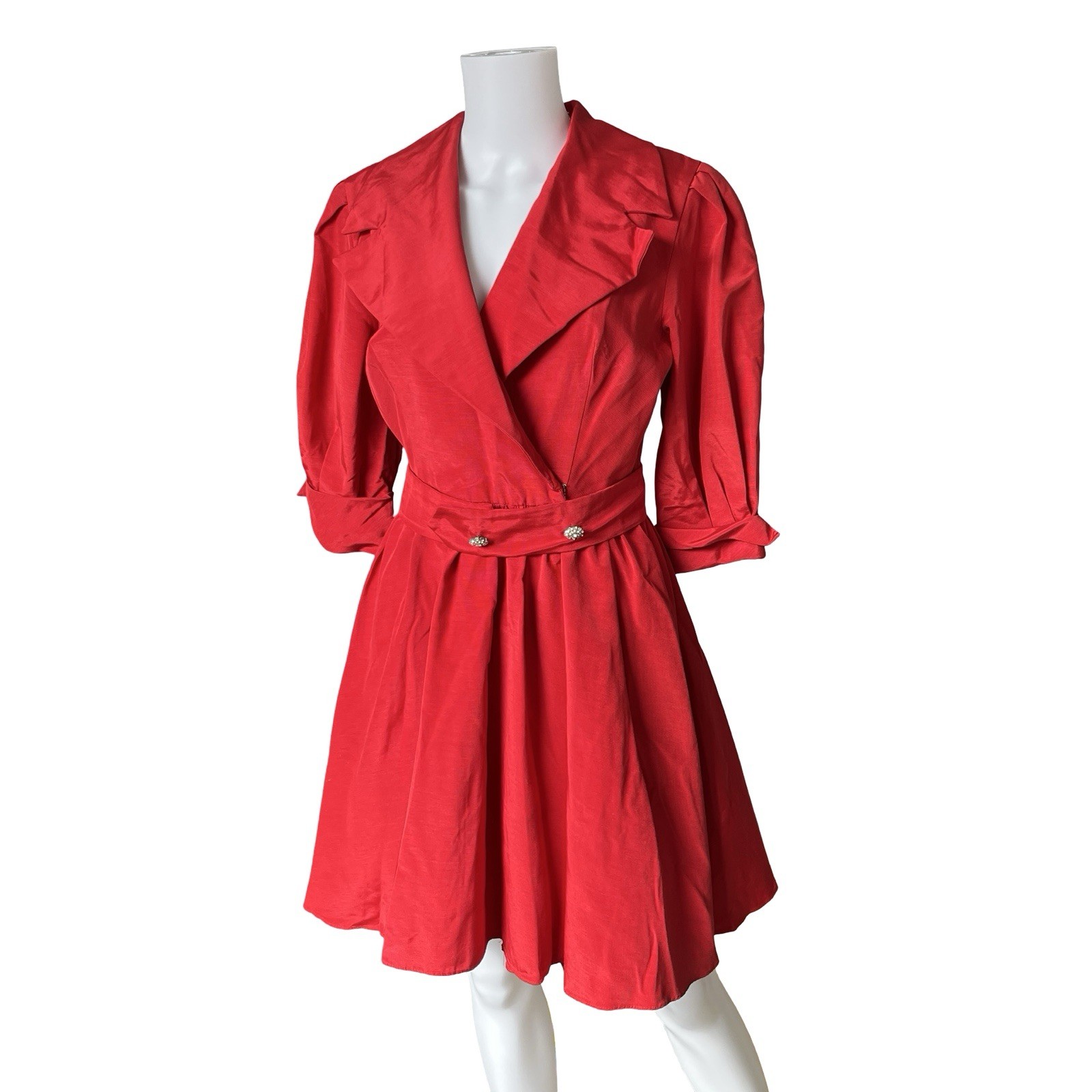 Vintage 70s 80s Red Dress Belted V Neck Tulle Knee Length Size 8