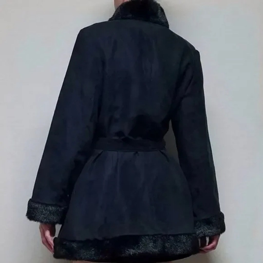 80s Vintage Extra Point by Reference Point Black Faux Suede Faux Fur Belted Coat
