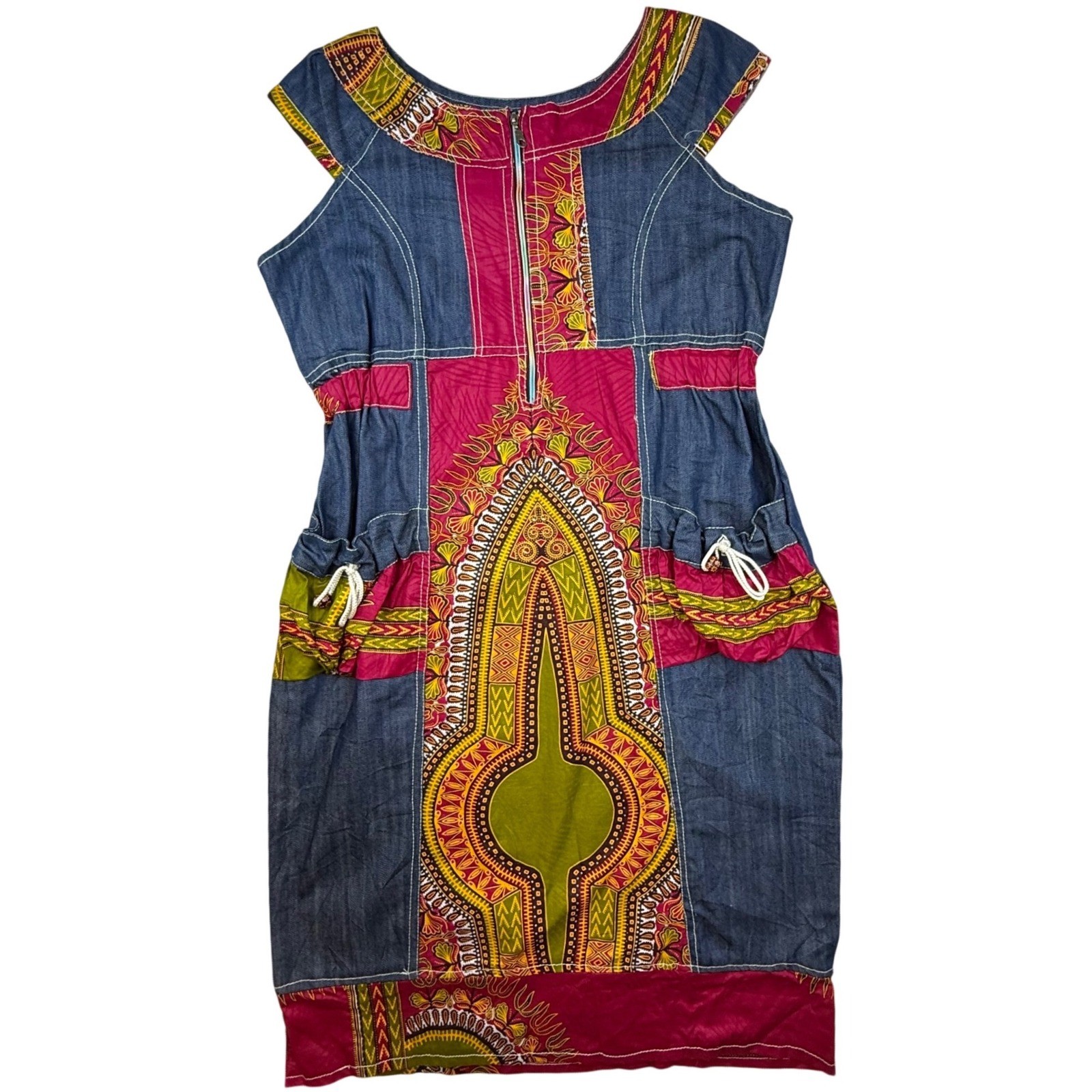 Denim Patchwork Dress Tribal Print Zip Front Pockets homemade boho artisan RARE