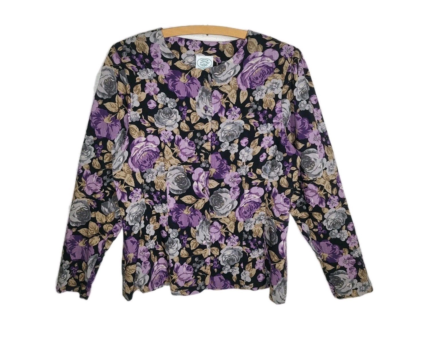 Vtg Laura Ashley Purple Rose Fine 100% Wool Top US12 Covered Button Made in UK