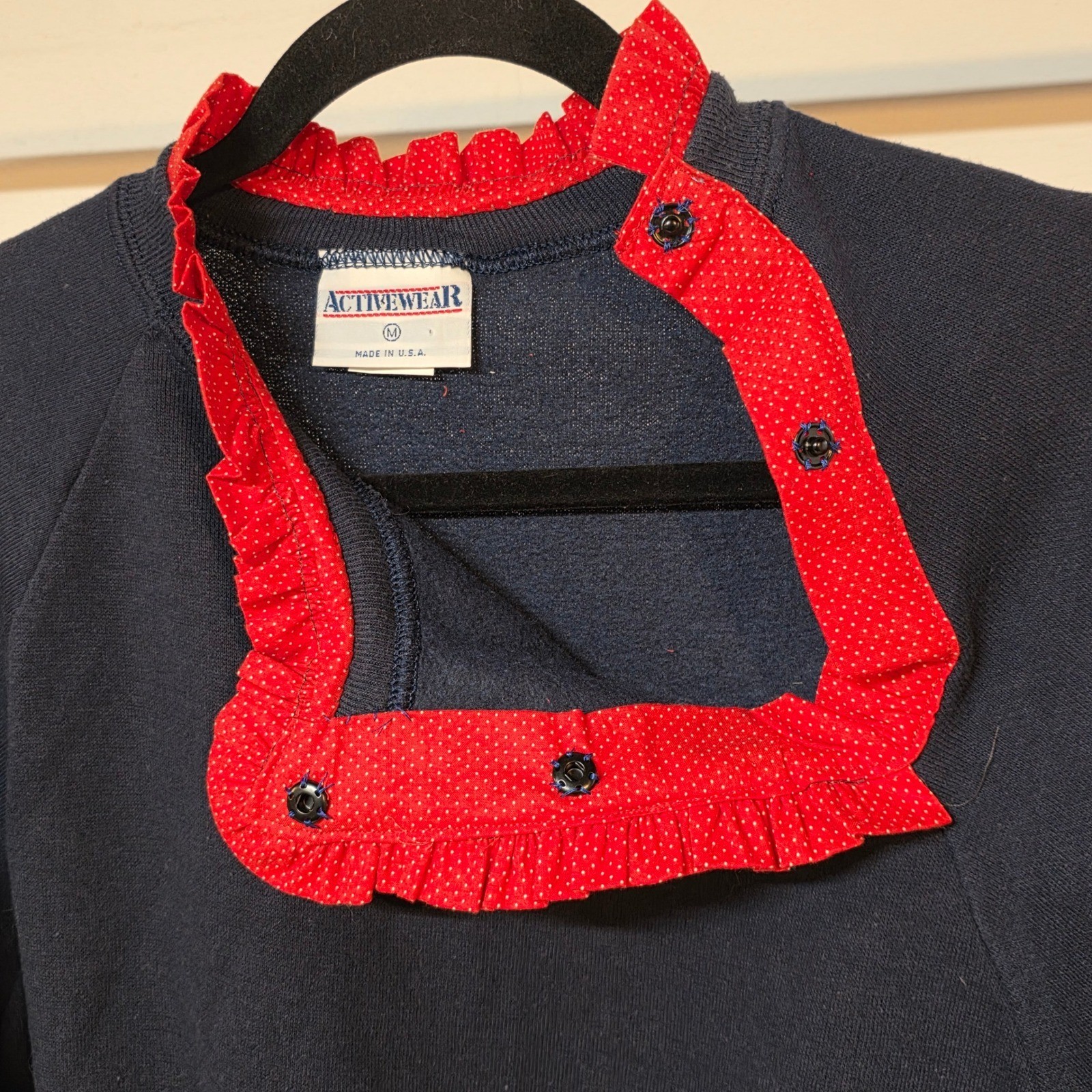 Vintage 80s Activewear Navy Blue Ruffle Collar Polka Dot Sweatshirt Women Medium