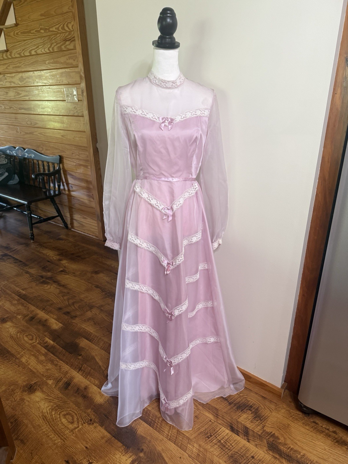 70s NADINE LILAC CHIFFON AND WHITE LACE TRIM FAIRY MAXI DRESS S