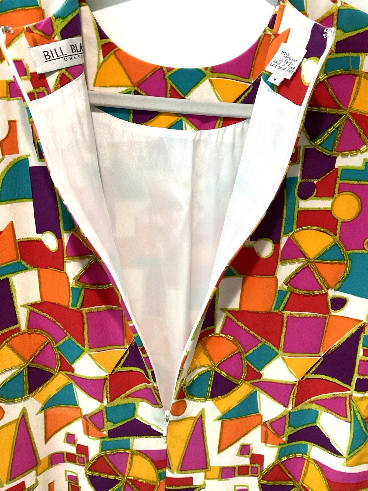 Vintage Bill Blass Silk Beaded Mod Shift Dress Geometric Colorblock Size 4