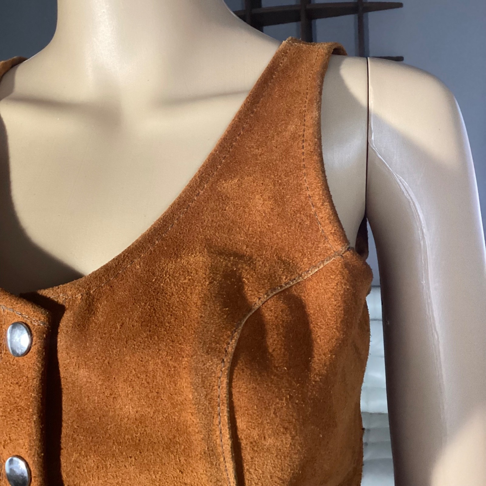 Vintage 1970&rsquo;s Brown Suede Leather Mini Dress Hippie Woodstock XS/S