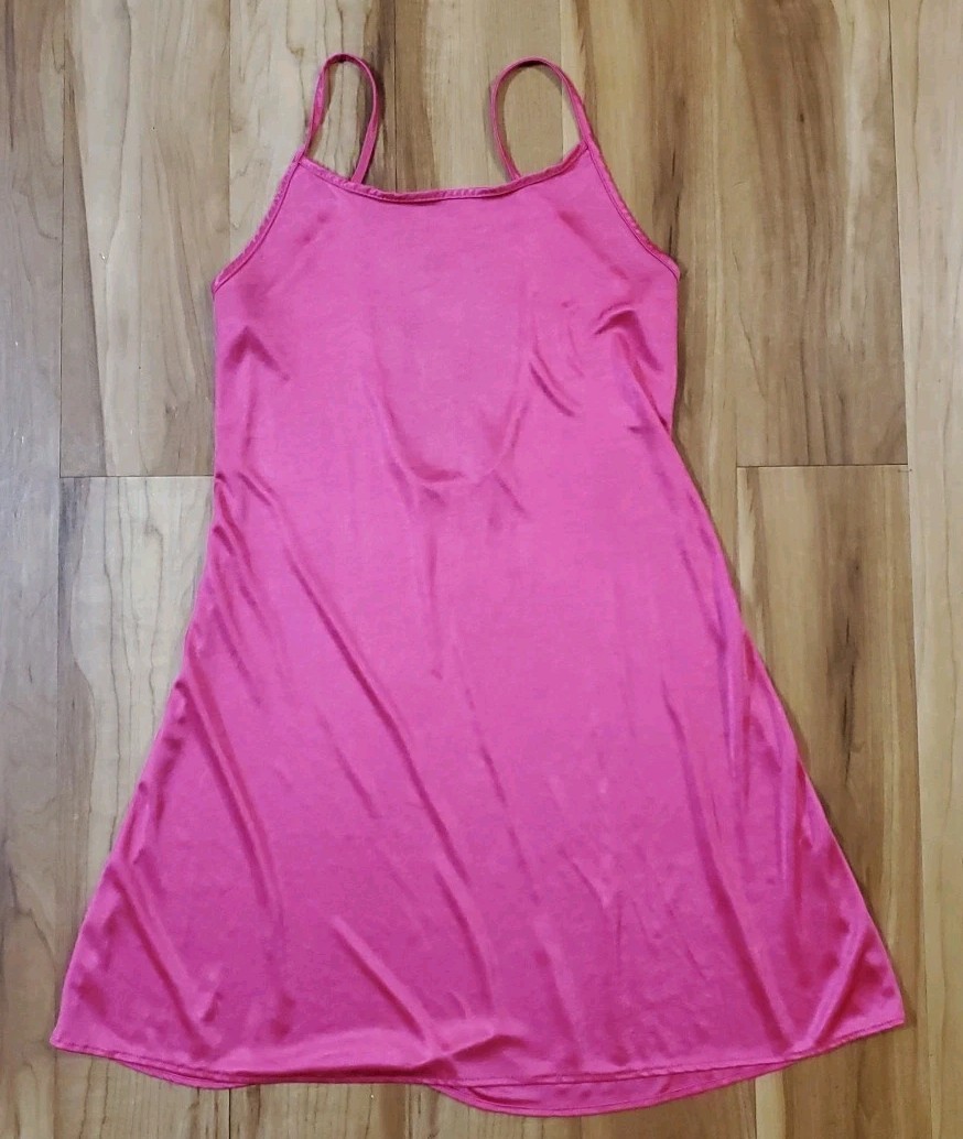 Vtg Romantic Moods Slip Dress S/M Liquid Satin Hot Pink Mini Solid Y2K Barbie