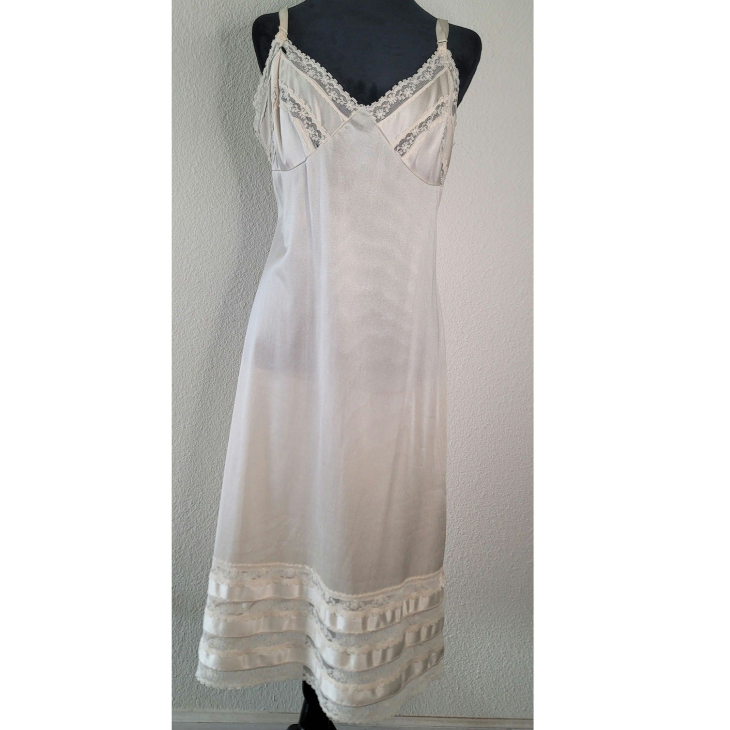 Off-white Vintage Slip Dress Delicate Lace Trim at the Neckline and Hem