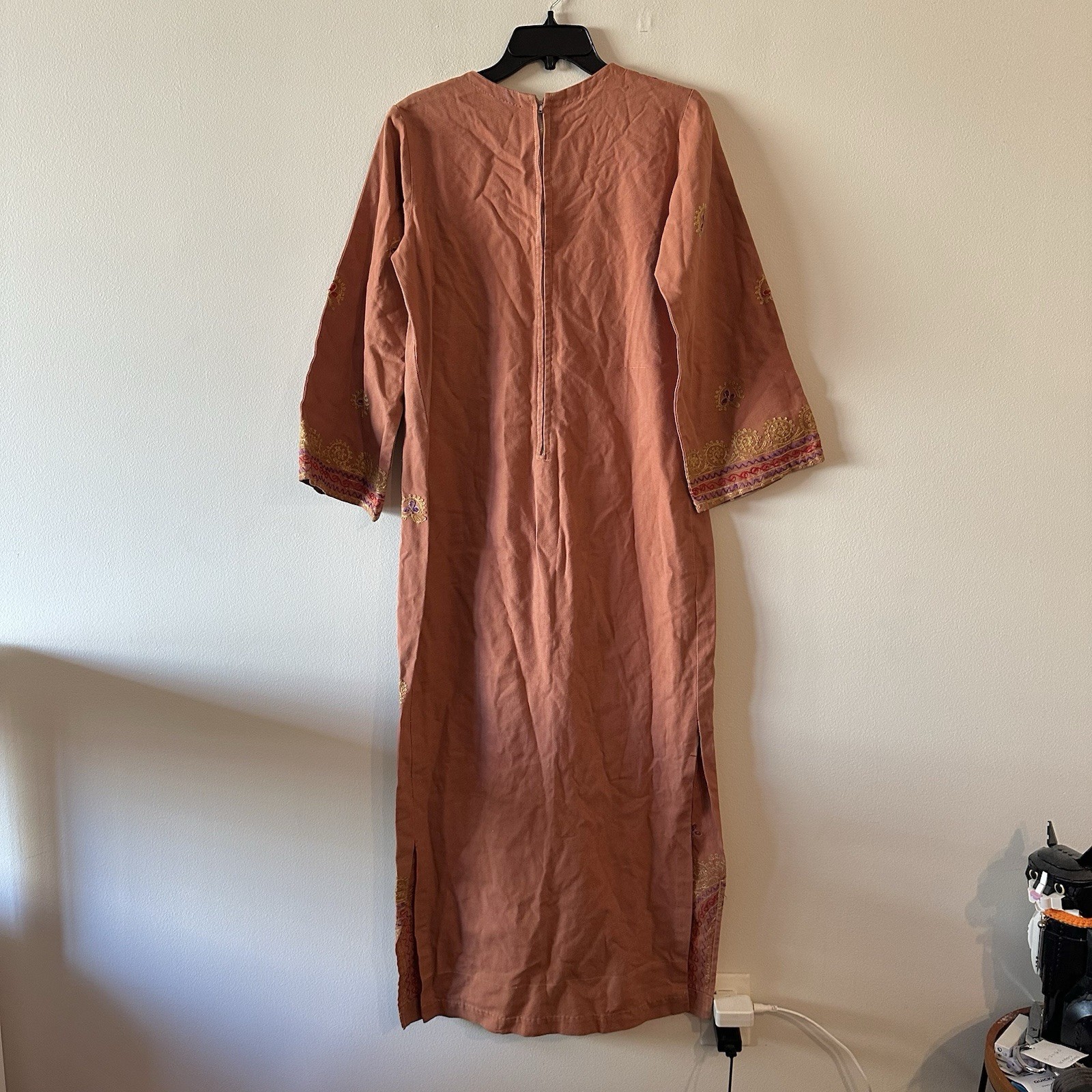 Vintage Handmade 60s 70s Embroidered Cotton Canvas Orange Kaftan Tunic Dress S?