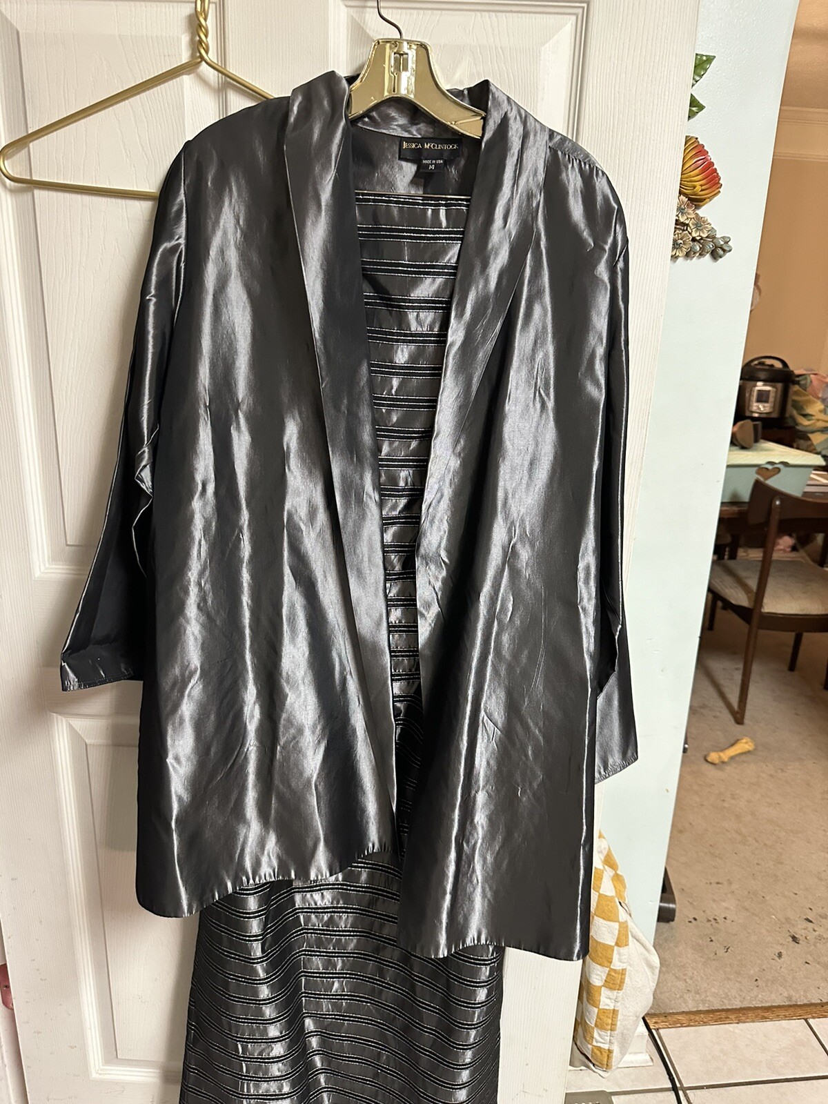 2pc Jacket Dress Set 90s Large Silver Gray Strapless Metallic Silky MOB Formal