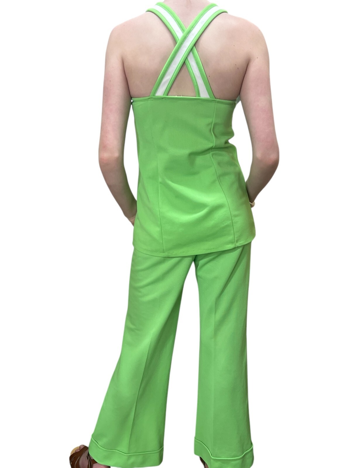 Vtg 60s S 2 Pc SET Empire Top Pants Hi Waist Bell Bottoms Flares Outfit Poly
