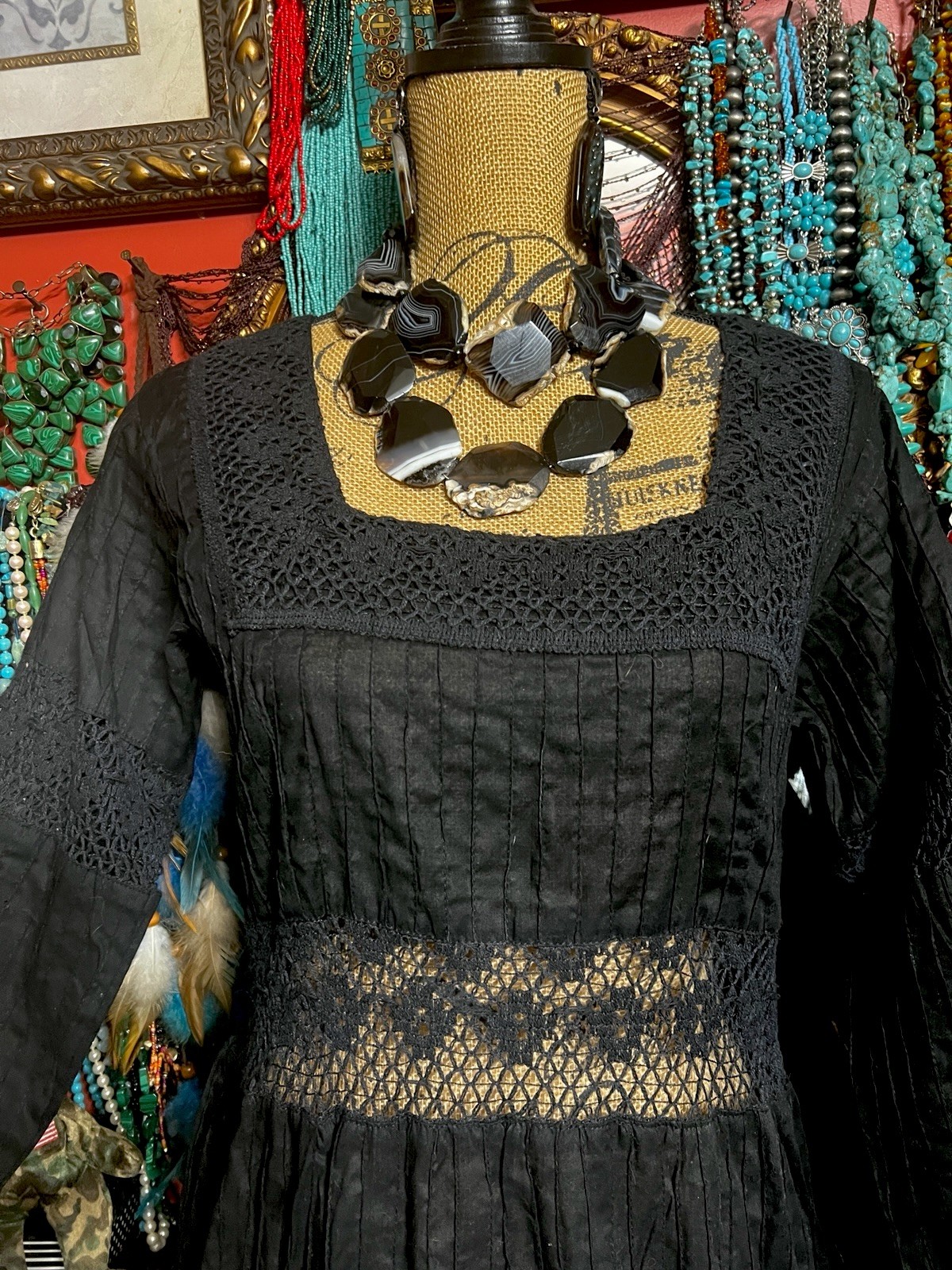 GORGEOUS VINTAGE MEXICAN BLACK PINTUCK WITH LACE TRIM WEDDING DRESS SIZE M