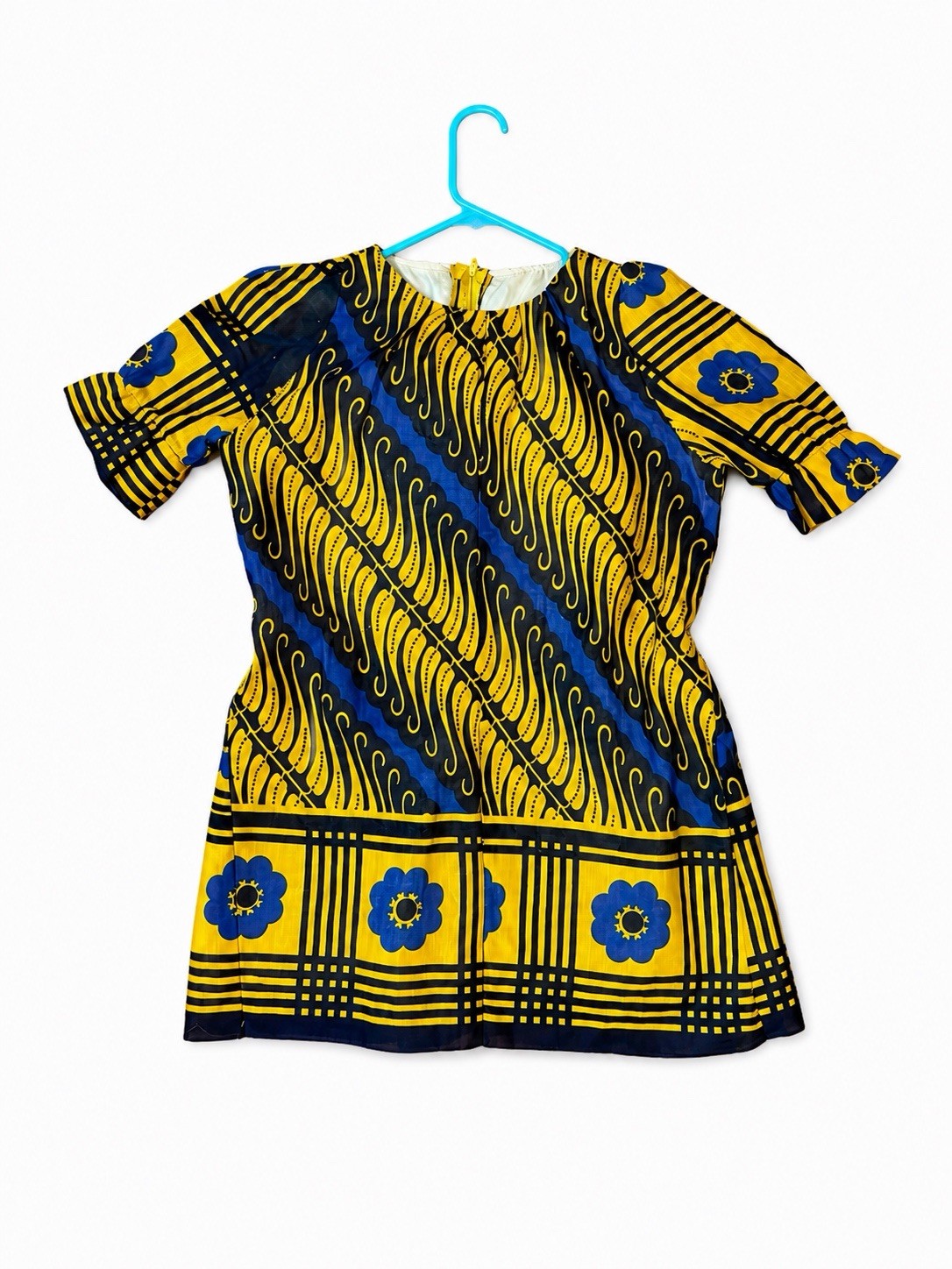 VTG 60s 70s Mod Tunic Top Blue Yellow Floral Graphic Print Flower gogo hippie L