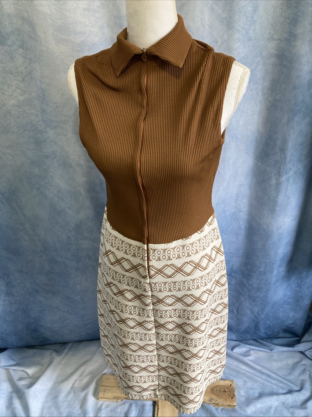 Vtg 70s Mod Geometric Dress & Jacket Set Brown Tan MCM Shift Suit Nemo Zip EUC