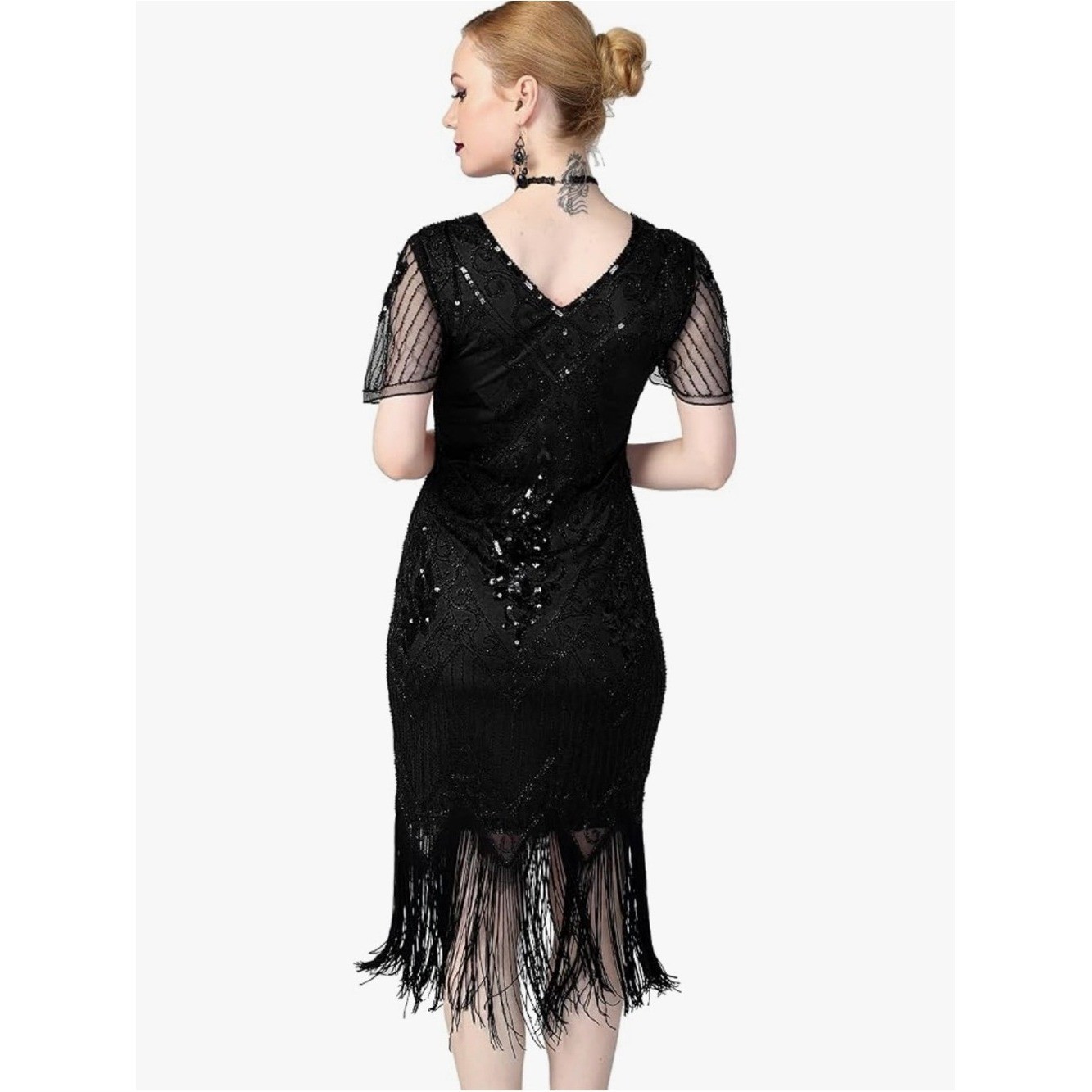 Pretty Guide Retro Dress Black Sequins Fringe V-neck Great Gatsby Sz 3 XL