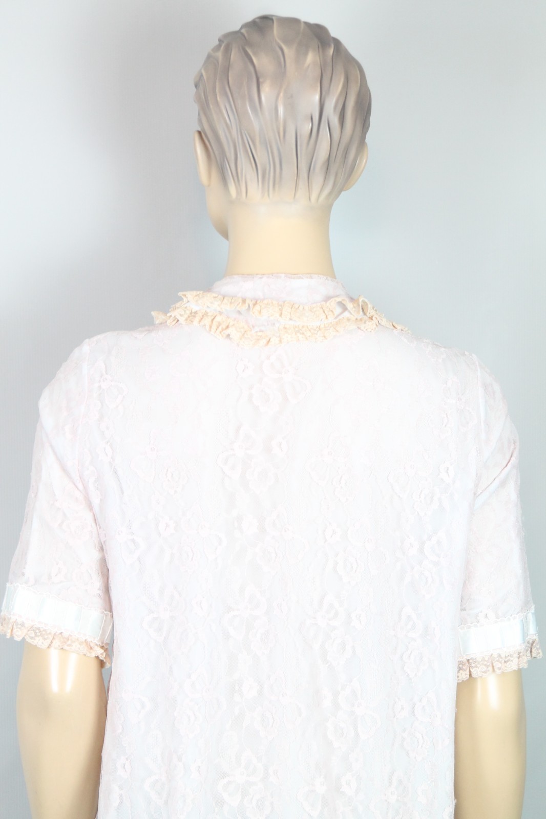 Vtg ODETTE BARSA Blue Pink Ruffles Layered Lace Bed Jacket Dress Robe S