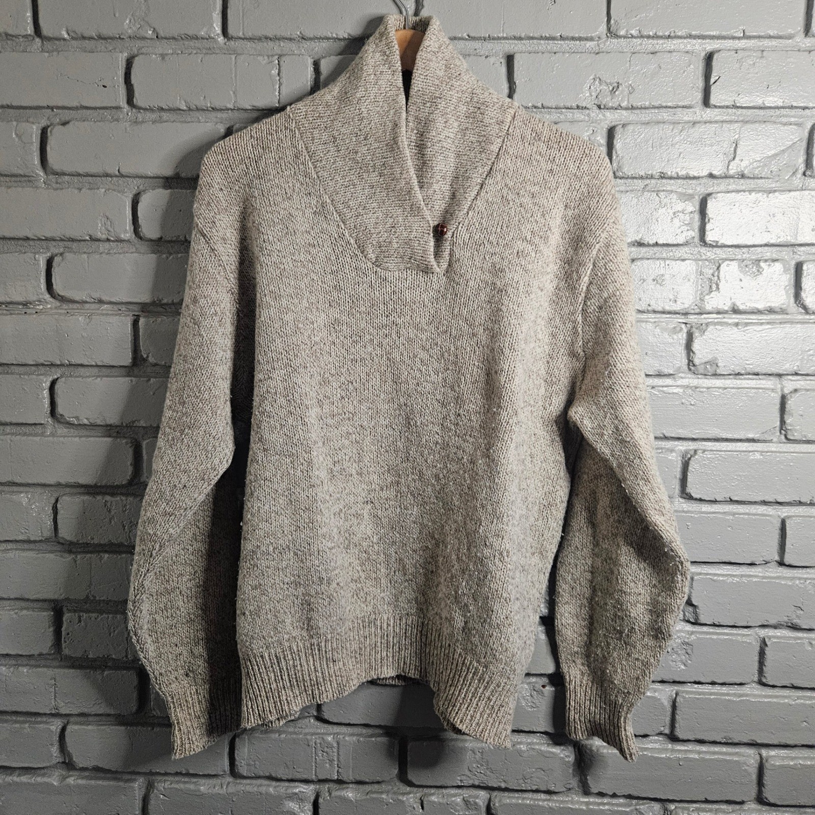 LL Bean Vintage Wool Shawl Collar Sweater Womens XL Oatmeal Tan USA 4669