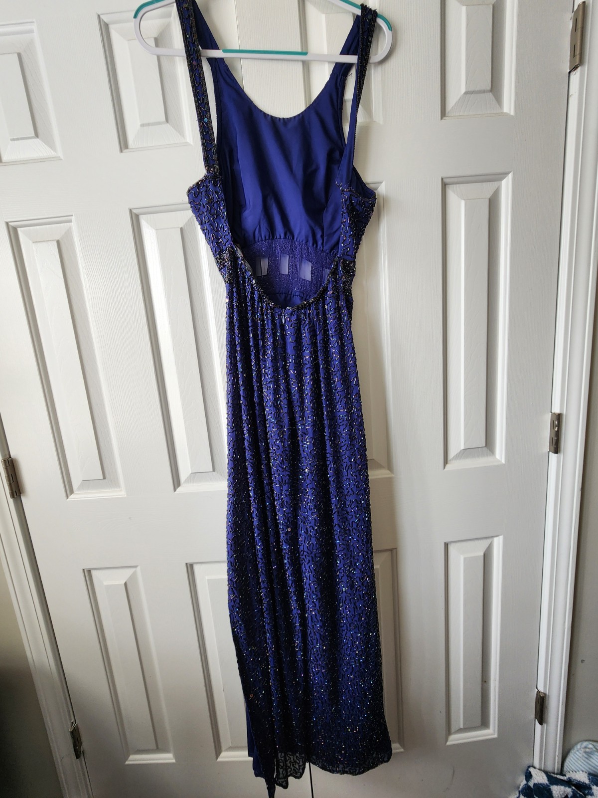 VTG Andretta Donatello Blue Beaded Formal Gown Backless Event Silk L