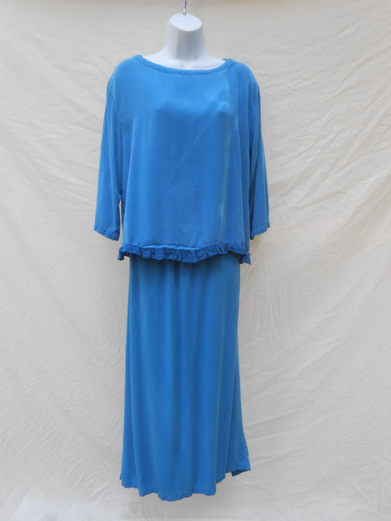 Vintage 1990s Upscale Blue Tencel Skirt Set By Click Ruffled Relaxed / Size XL