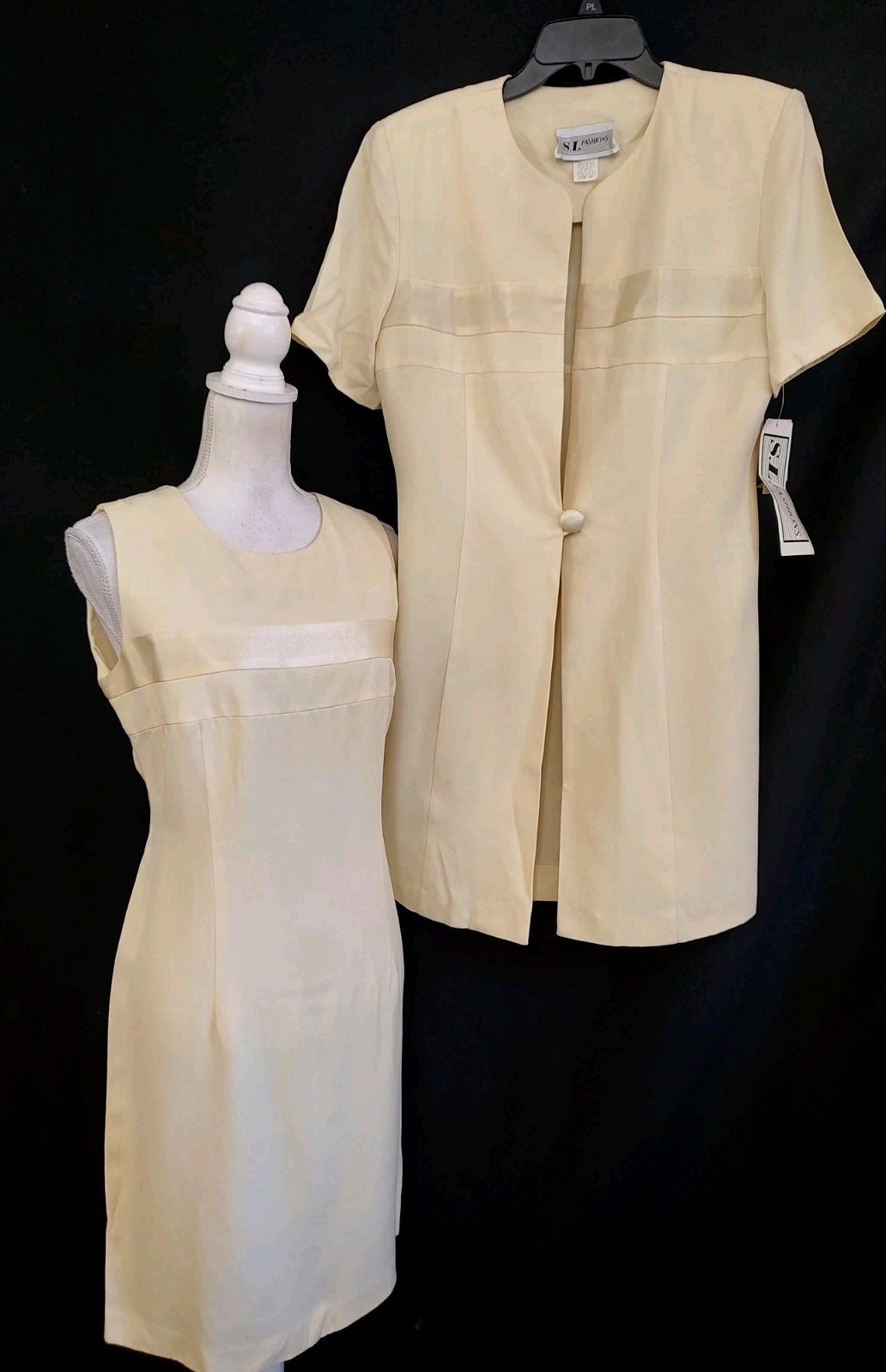 90&rsquo;s Vintage Sheath Dress & Jacket SL Fashions Yellow Crepe Satin Accent USA 10