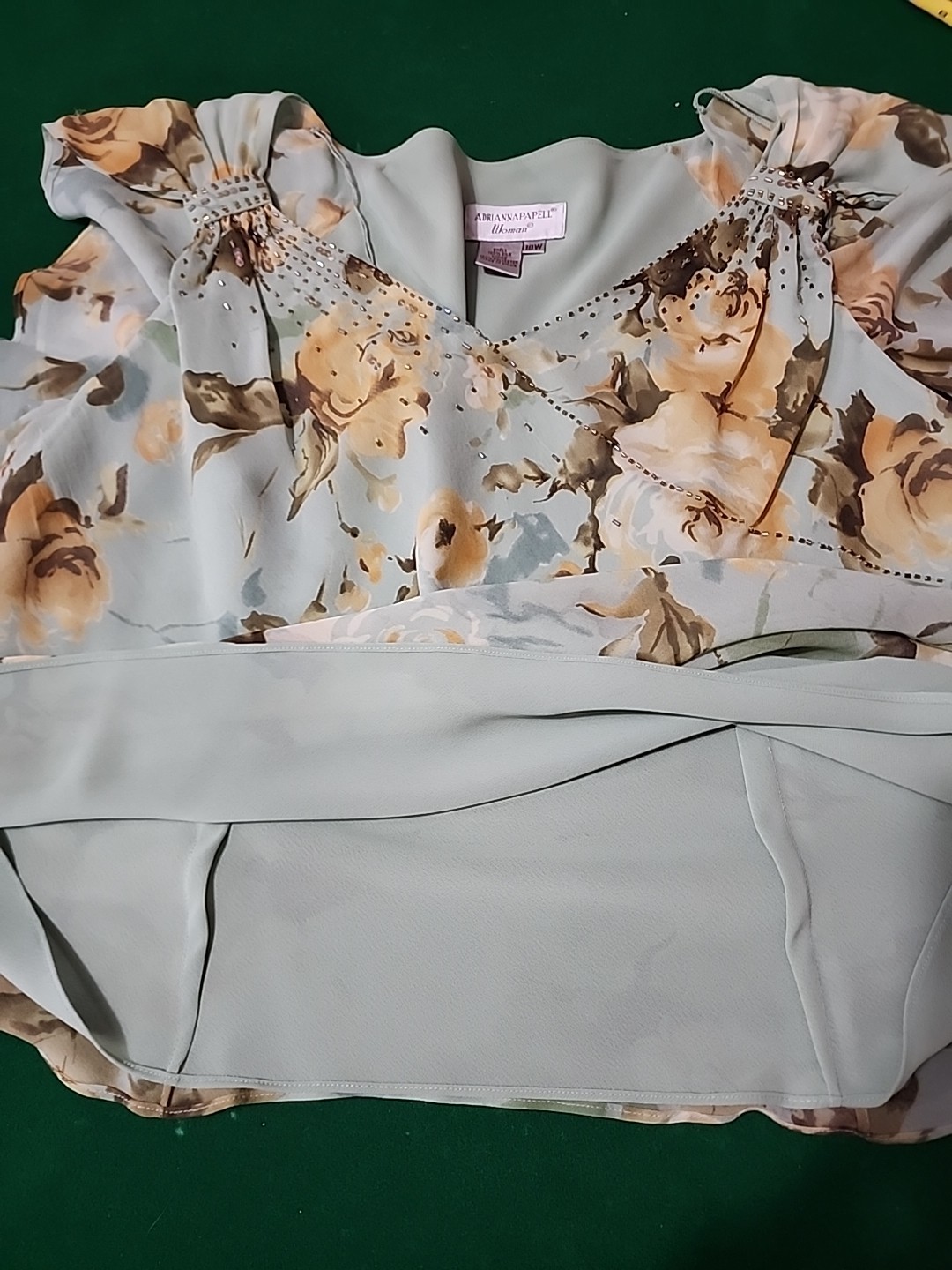 Vtg Adrianna Papell Womens Green Beige Floral Silk Top Asym Skirt Set Sz 16/18