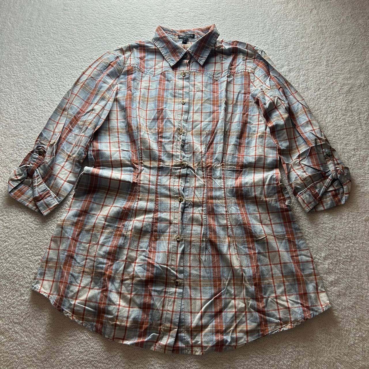Vintage FANG Brand Tartan Plaid 3/4 Sleeve Button Shirt Orange Blue Women&rsquo;s L