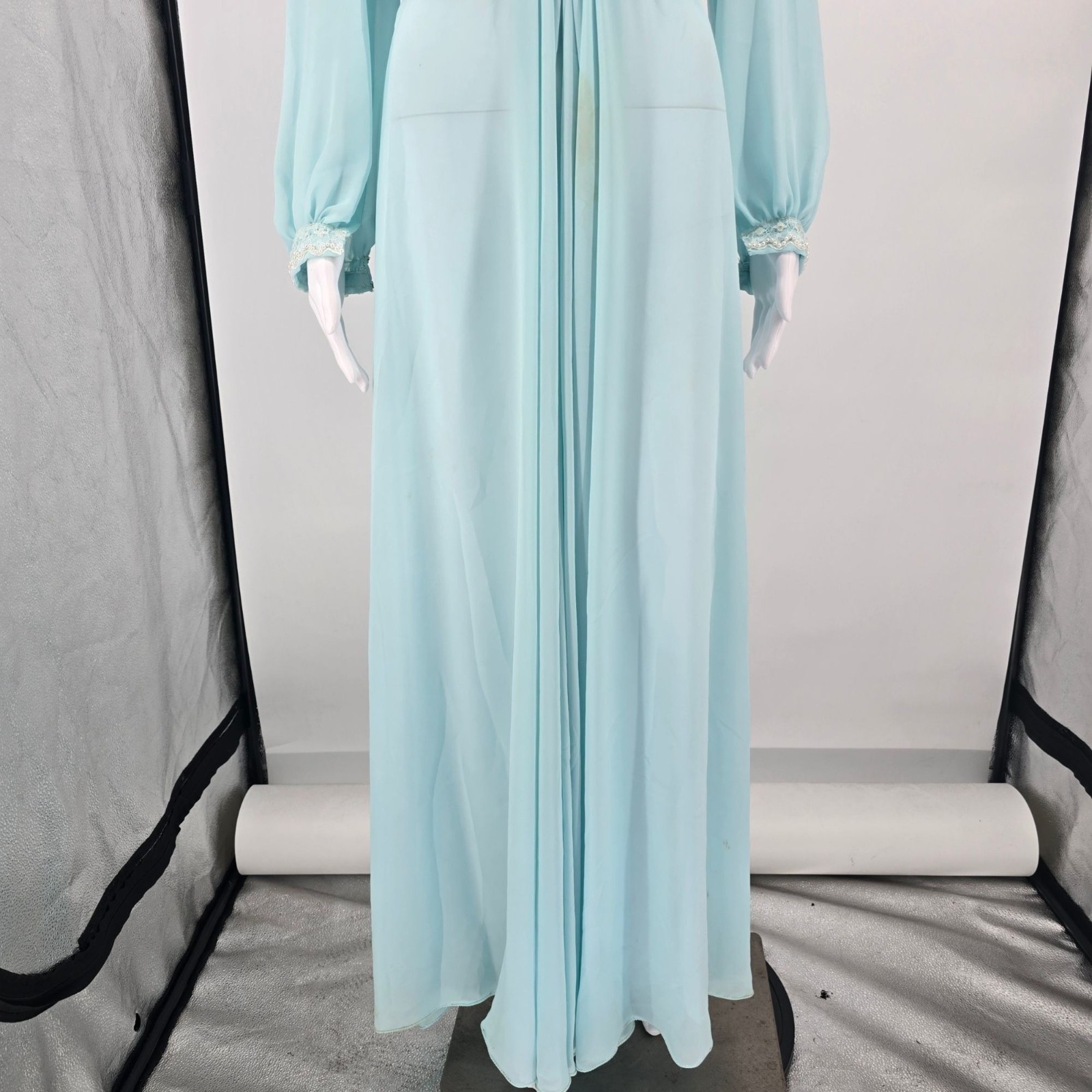 Vintage 1970s Powder Blue Chiffon Beaded Bodice Formal Maxi Dress/Gown (M)
