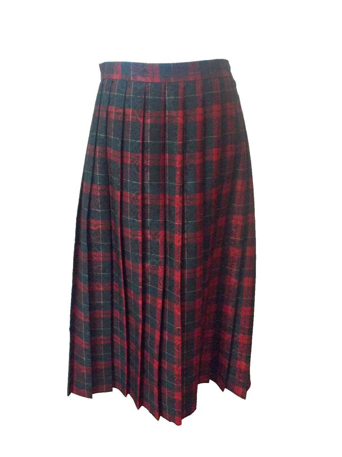 VTG JEFFREY & DARA SPORTSWEAR Red Green CHRISTMAS Plaid Pleated Midi Skirt Sz 14