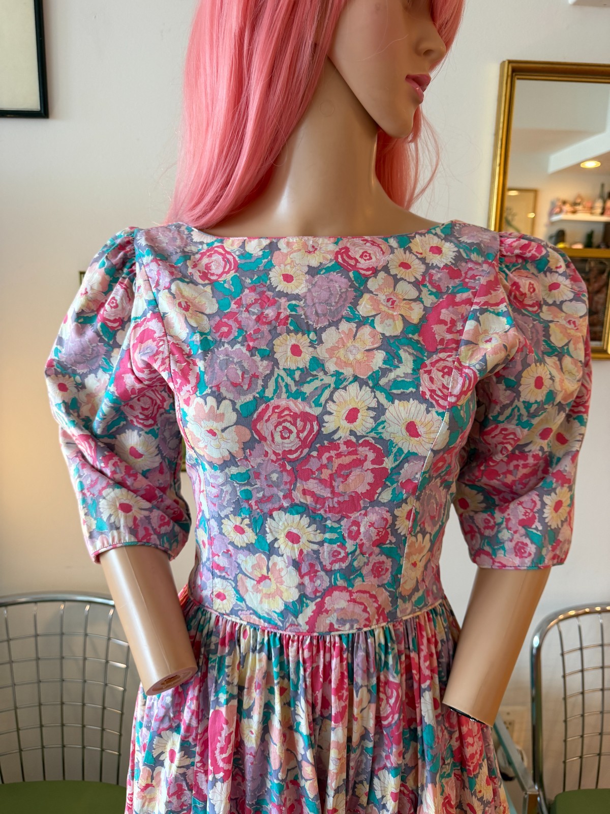 🌸 Vtg Handmade Laura Ashley Type Floral Puff Sleeve Cottagecore Midi Dress M