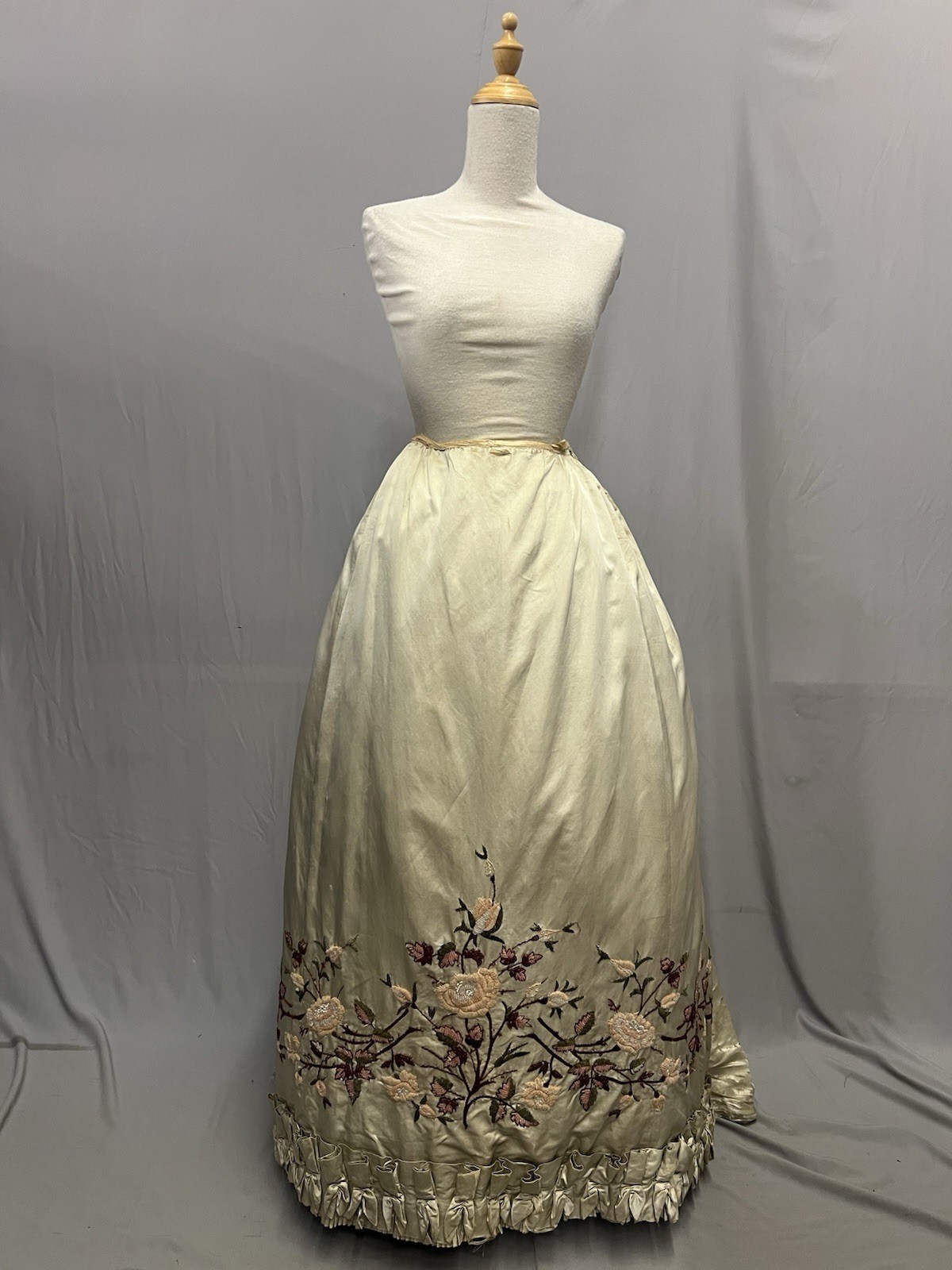 1880’s Light Celery Green Silk Bustle Skirt – Heavy Embroidered & Beaded Florals