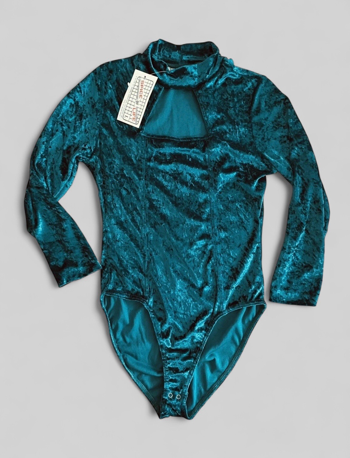 VTG Velvet Bodysuit Teal Green Keyhole Neck Glam Rock Bodycon Dark Coquette M/L
