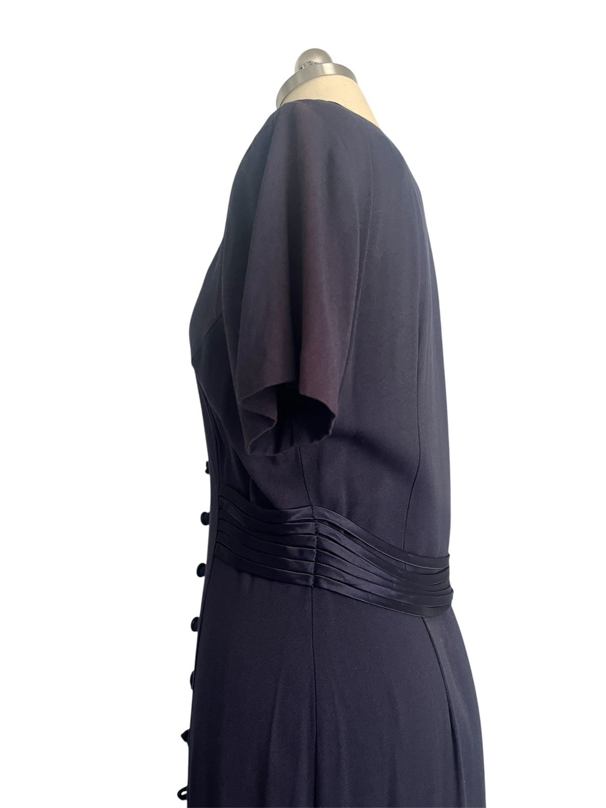 Vintage 80s Navy Blue Button Down Satin Belt Heart Neckline 40s inspired Midi S