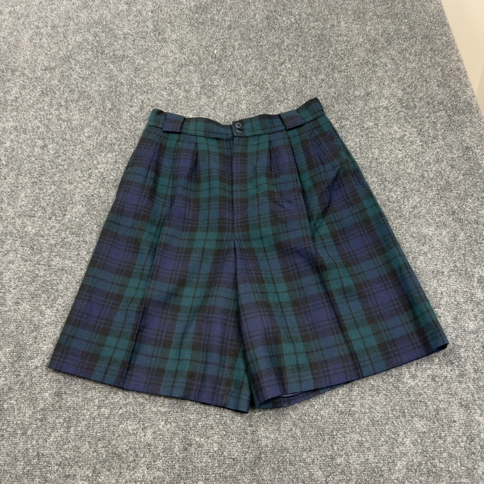 Vintage Giorgio Sant Angelo Shorts Womens 14 Green Blue Pure Wool Plaid Classic