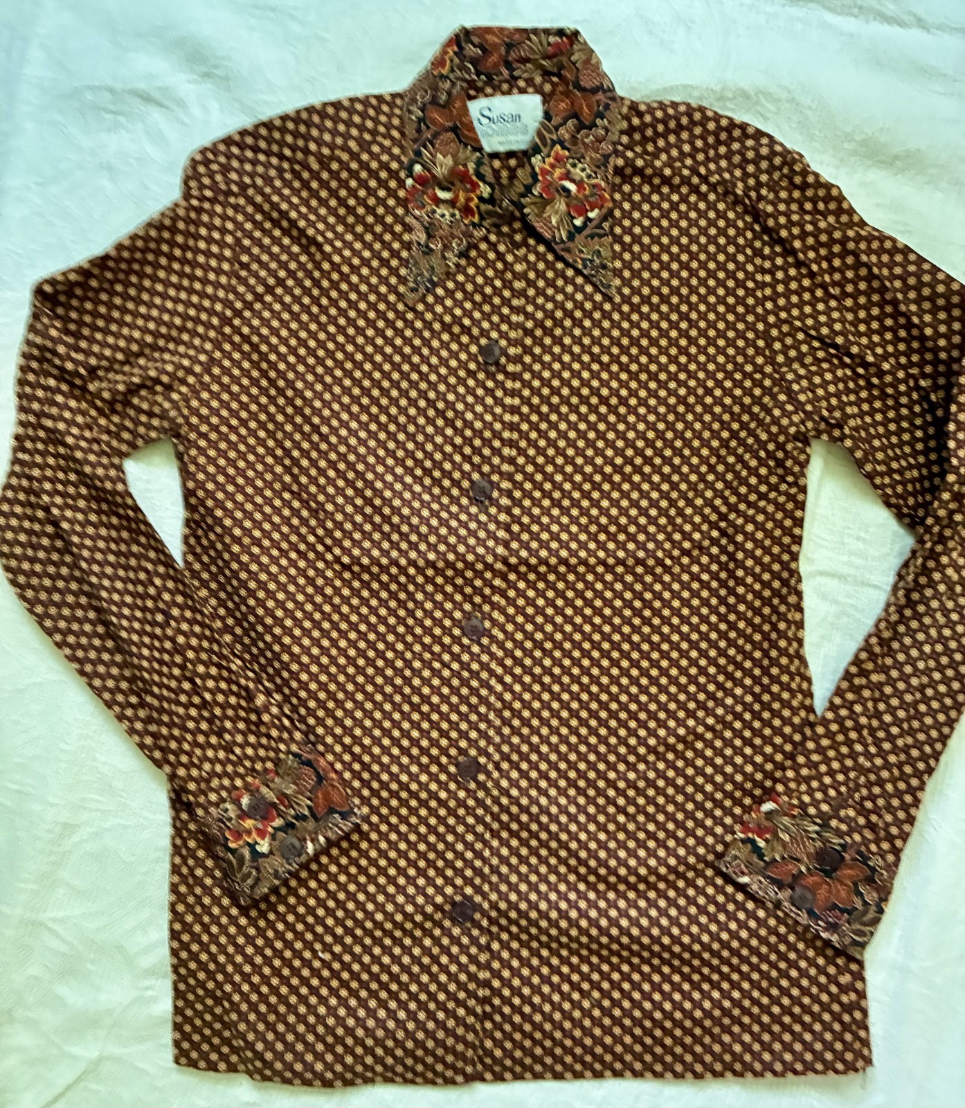 1970s Disco Mod Brown Cotton Blouse Shirt Susan Thomas Dagger Collar Floral S