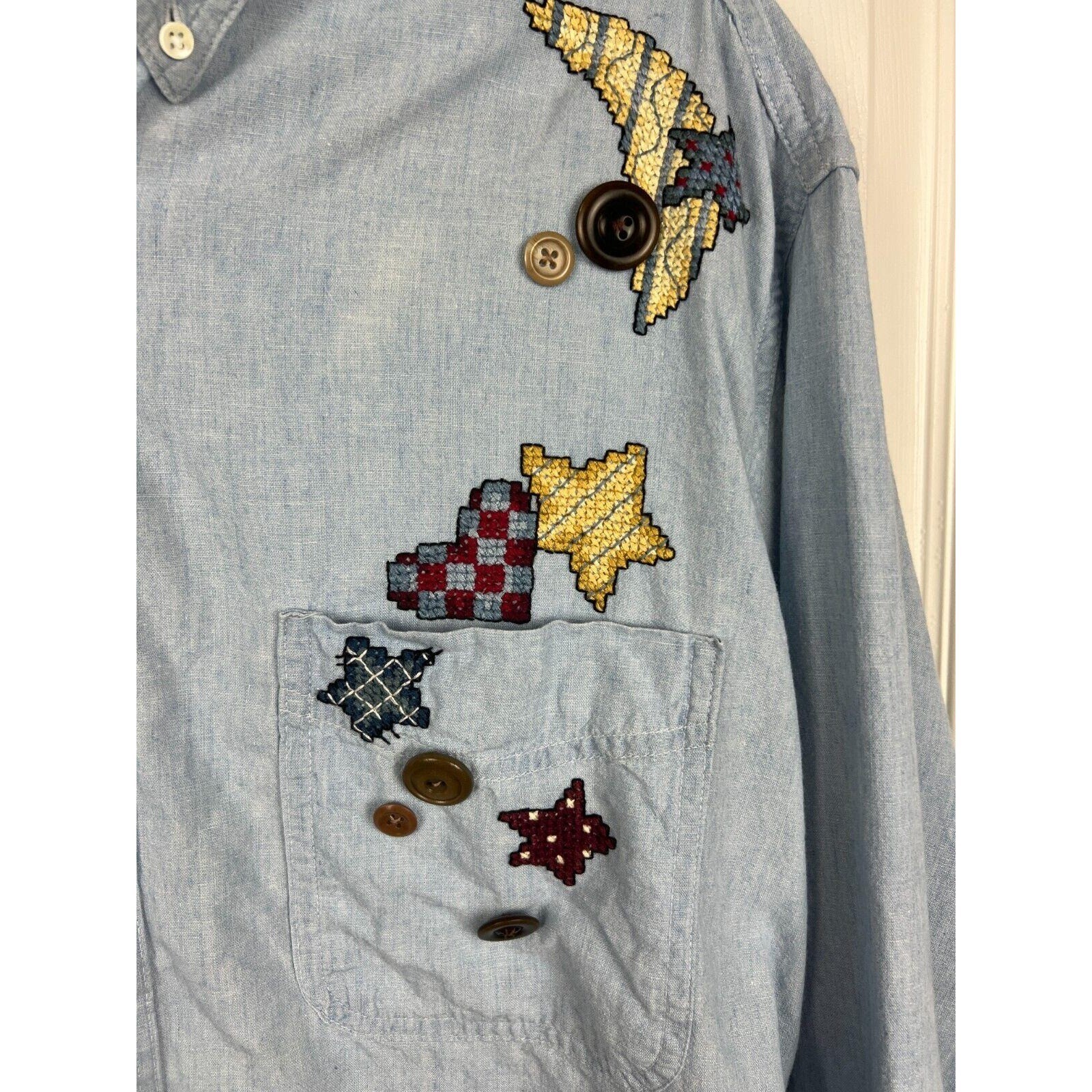 90s L.L.Bean Angel Embroidered Chambray Shirt Celestial Folk Art XL Cottagecore