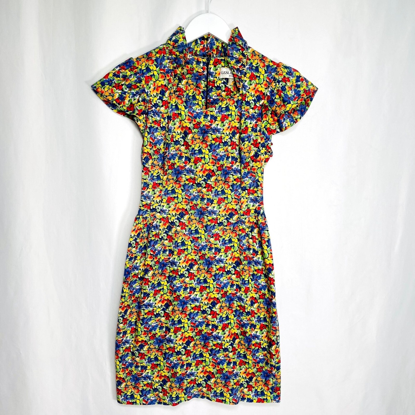 Vintage 80s Womens High Ruffle Neck Collar Flutter Sleeve Floral Dress 2 / XS