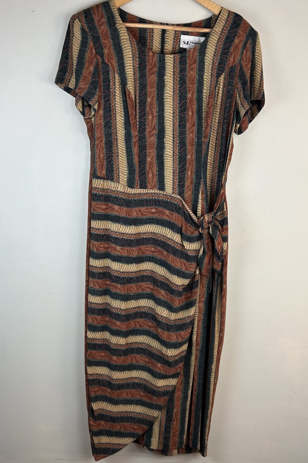 VTG 90s S.L. Fashions Sz 12 Midi Dress Tie Wrap Earthy Geometric Bohemian Brown