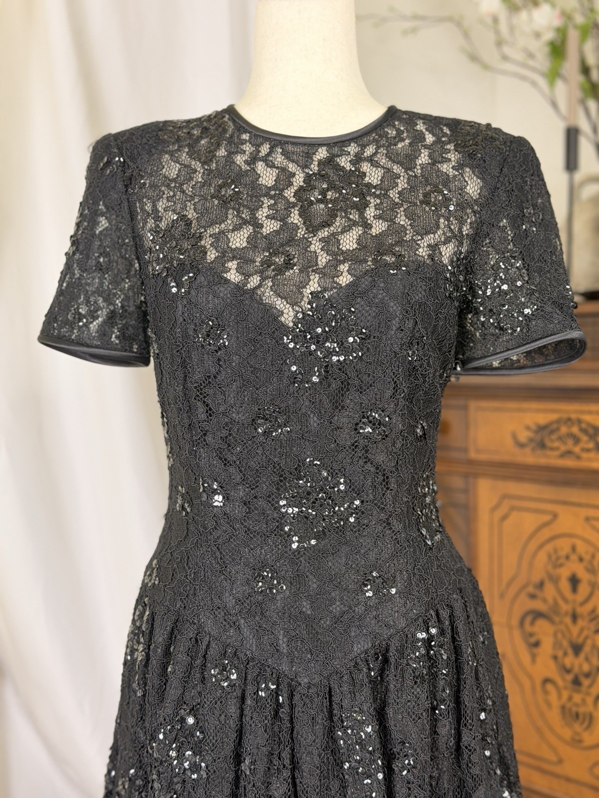 RARE True Vintage 80s Morton Myles Black Lace Sequin Cocktail Dress Prom Size 6