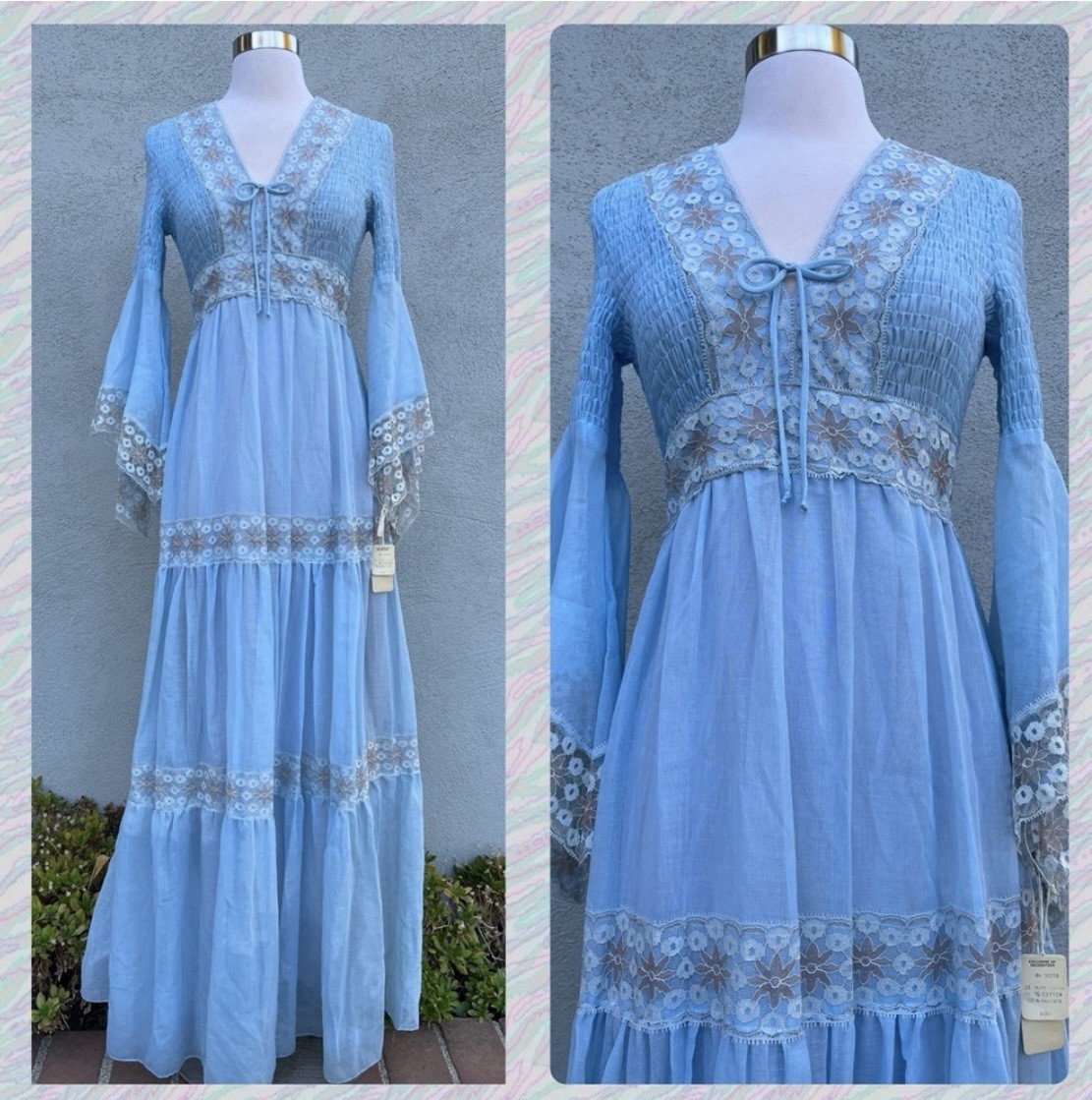 Deadstock 1970s Blue Smocked Maxi Dress Angel Sleeves Lace 11/12 Boho Union Made