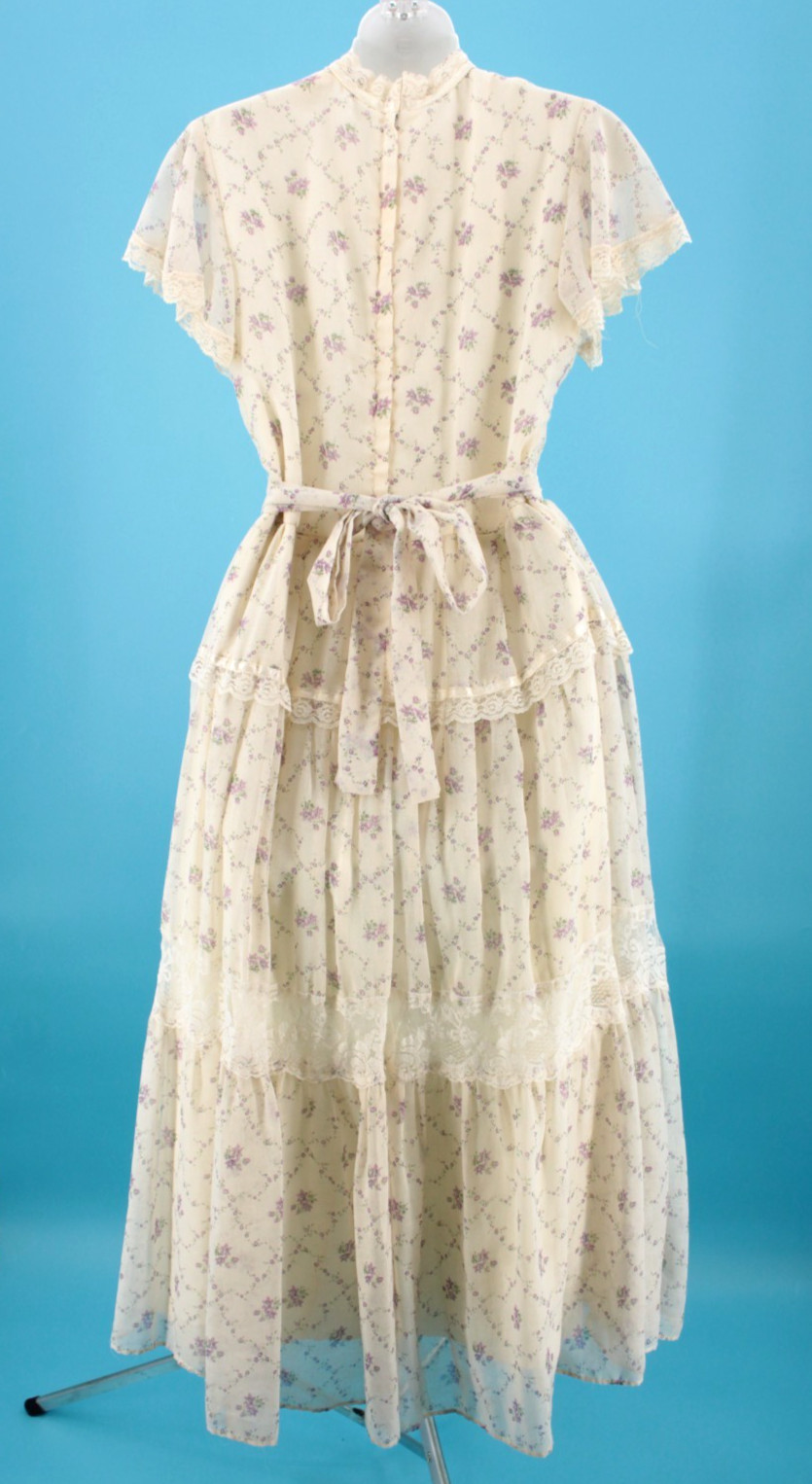Vtg Women&rsquo;s 70s Cream & Purple Floral Midi Prairie Dress W/ Lace Trim S/M 1970s