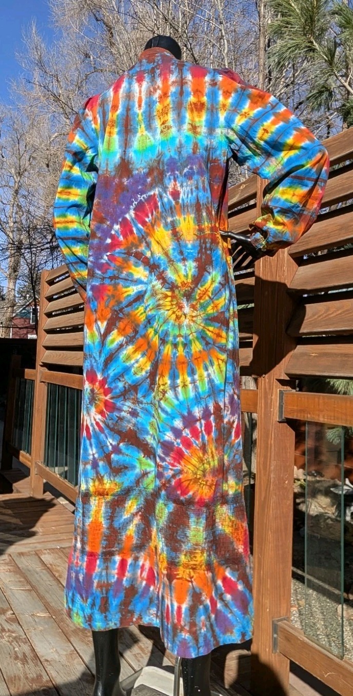 Vintage long sleeve cotton Tie Dye hippie festival dress sz L Aileen West