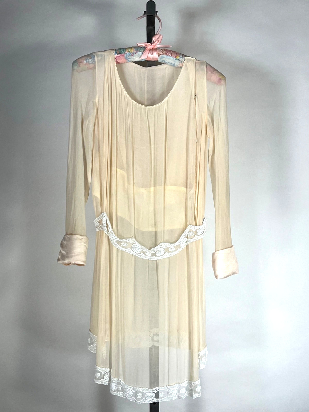 Antique 1910&rsquo;s -20&rsquo;s ivory silk bridal top blouse with satin cuffs & white beads