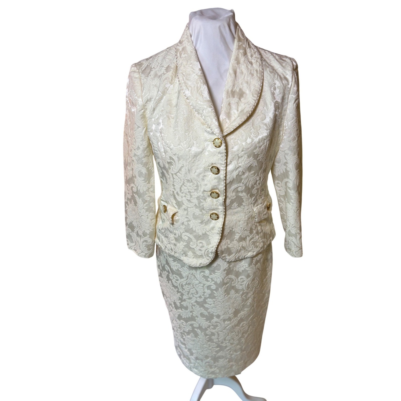 Vintage Desiger 50&rsquo;sMad Men outfit Cream Floral Brocade Jacket Dress Suit 4P