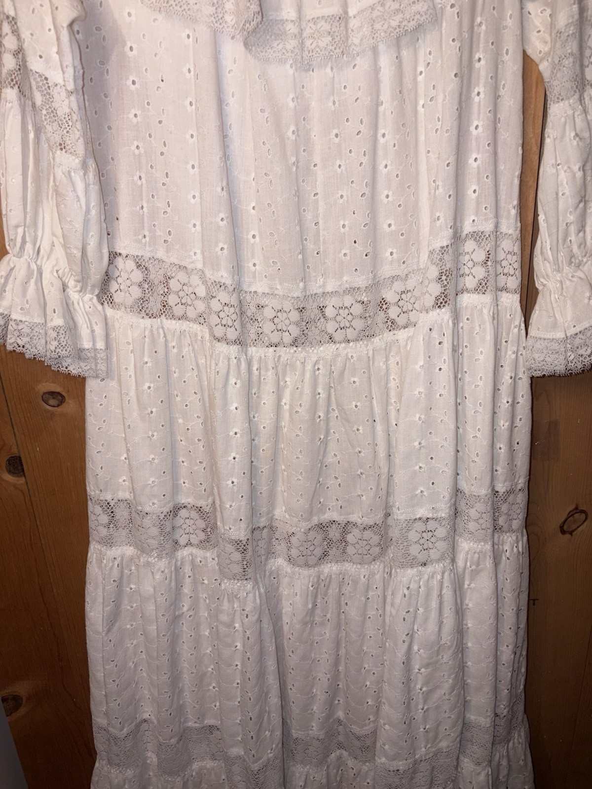 Vtg 70&rsquo;s David Brown CA Prairie Cottagecore Dress Tiered Eyelet L/XL READ Tag S