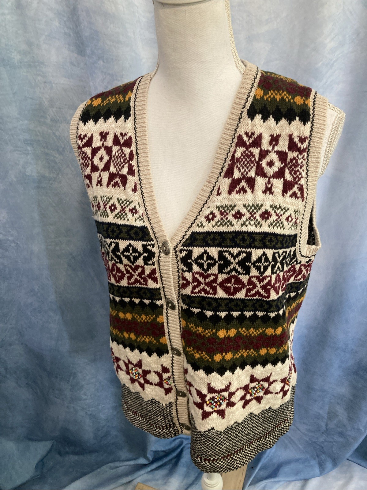 Vtg 80 90s Russ Sport Knit Sweater Vest Ramie Cotton Fair Isle Beads Cottagecore