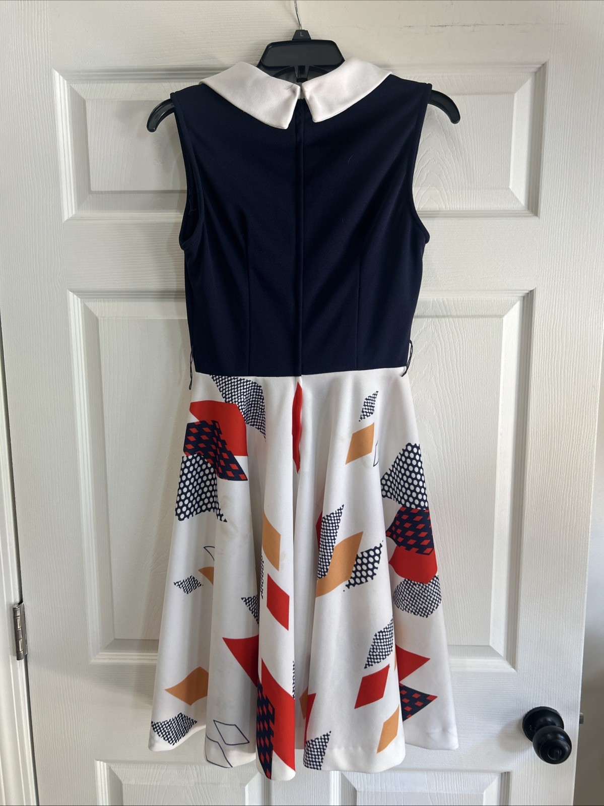 Vintage 60s Mod Geometric Print Fit & Flare Dress Peter Pan Collar 34 Bust AS IS