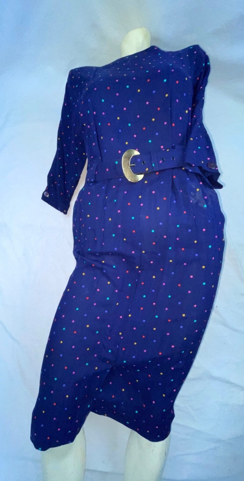 VTG 60S 70S WOMENS BLUE POLKA DOT BUTTON BELTED PARTY FUN CUTE RAYON DRESS
