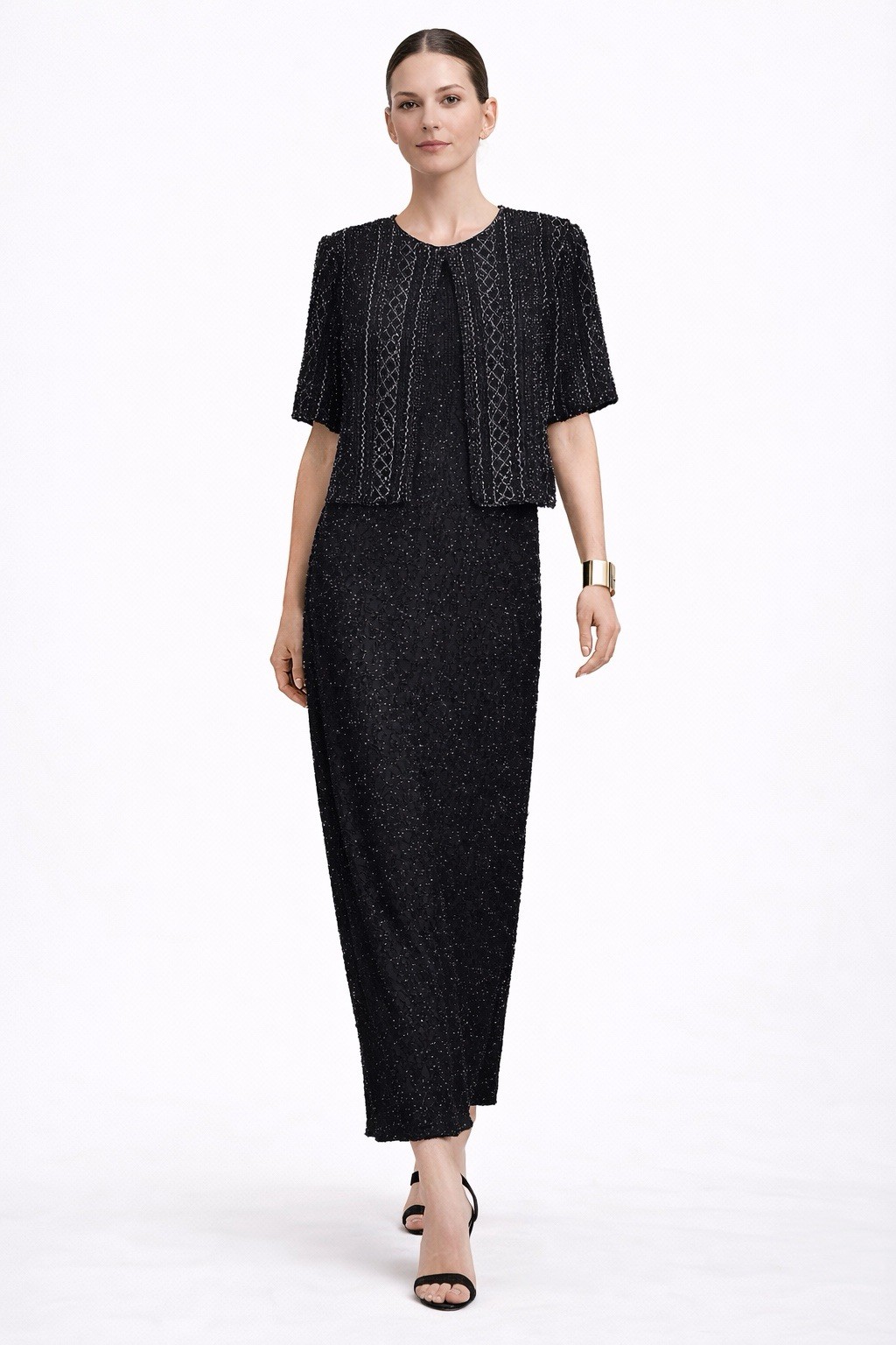 vintage 90s LAURENCE KAZAR black column dress beaded SMALL gown elegant formal