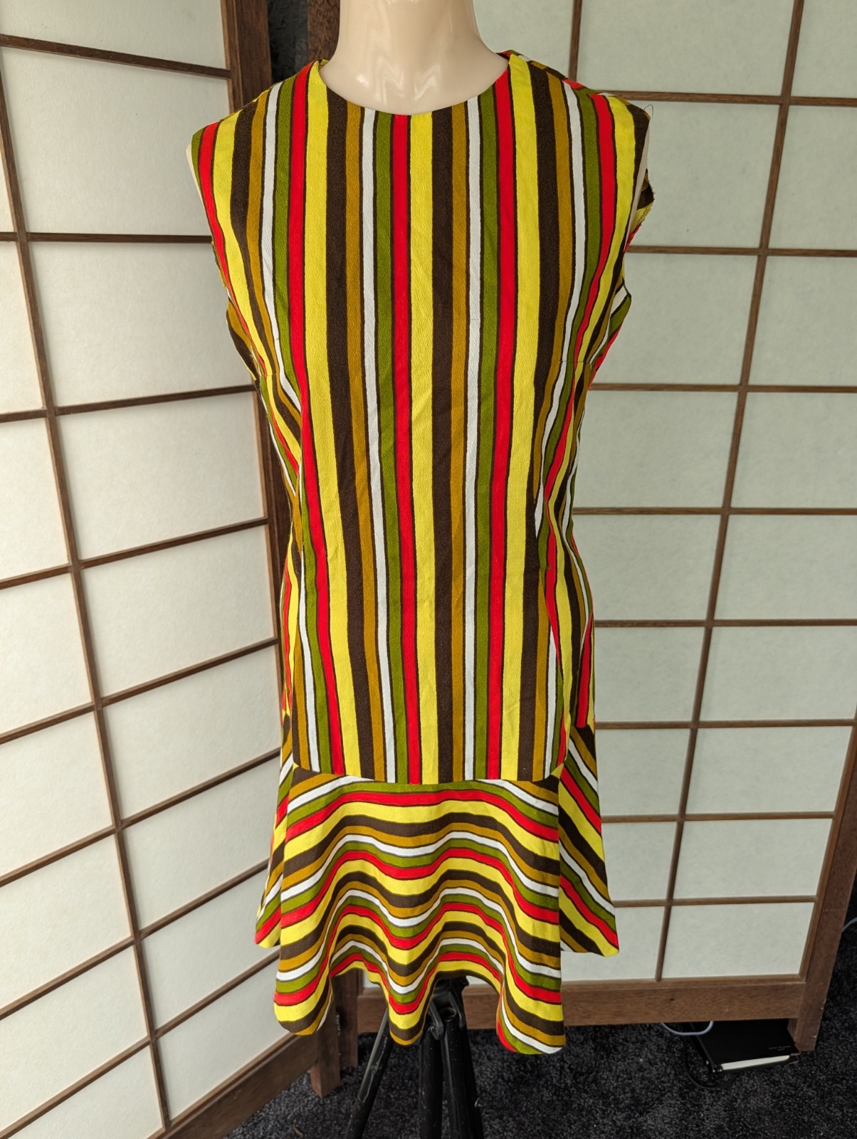 Vtg 60s 70s Groovy Striped Mini Dress Sz S/M Drop Waist Ruffle Hem Barkcloth Mod