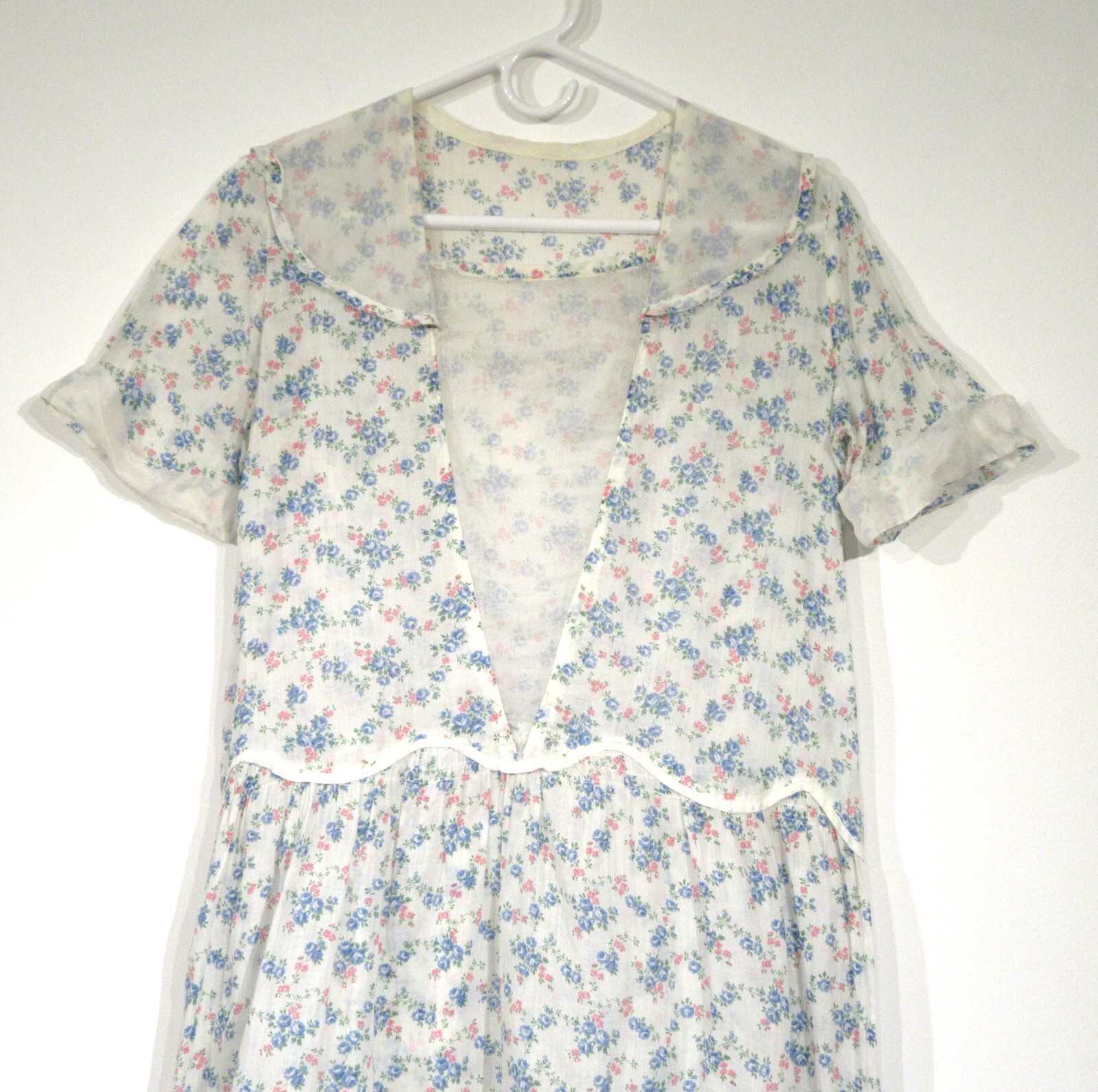 ANTIQUE VINTAGE DAY DRESS 1920S DROP WAIST COTTON FLORAL ORGANDY ART DECO M F4